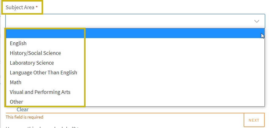 subject area on application